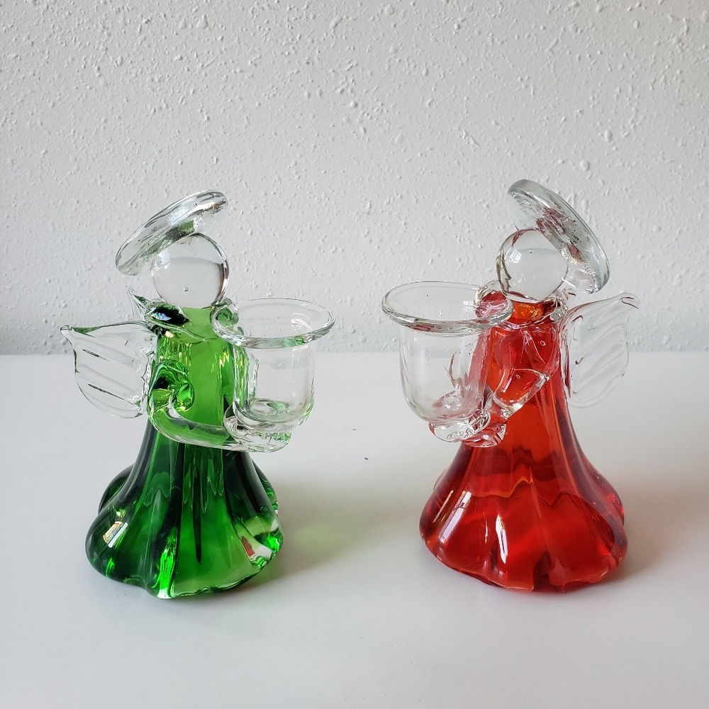 Glass Christmas angel candle holders